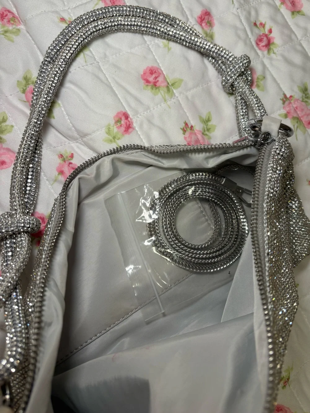 Silver Crystal Evening Clutch Bag with Knotted Strap